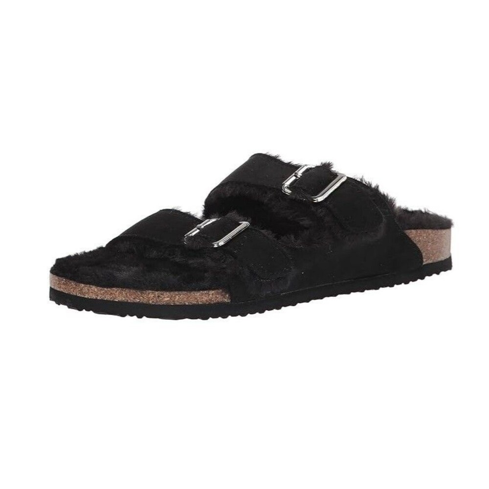 Madden Girl Womens 7 M Black Faux Fur Sherpa Lined Flip Flop Sandals NIB GE3
